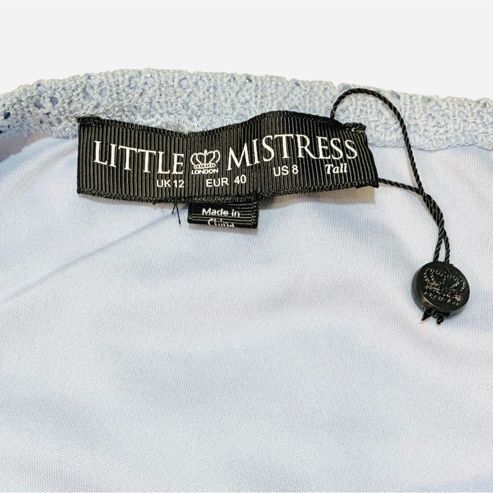 Little Mistress Baby Blue “Ellen” Crochet Lace Bardot Midaxi Dress - Picture 10 of 10